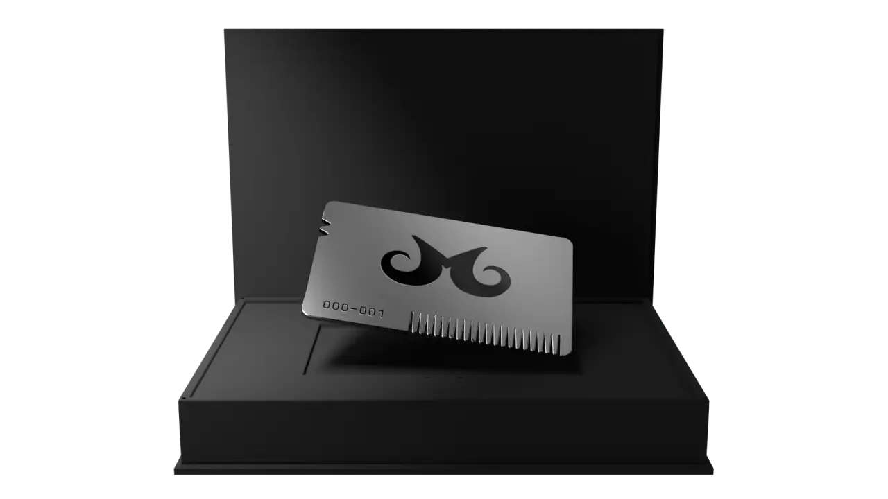 Matte black presentation box with a custom cutout for a mustache license card